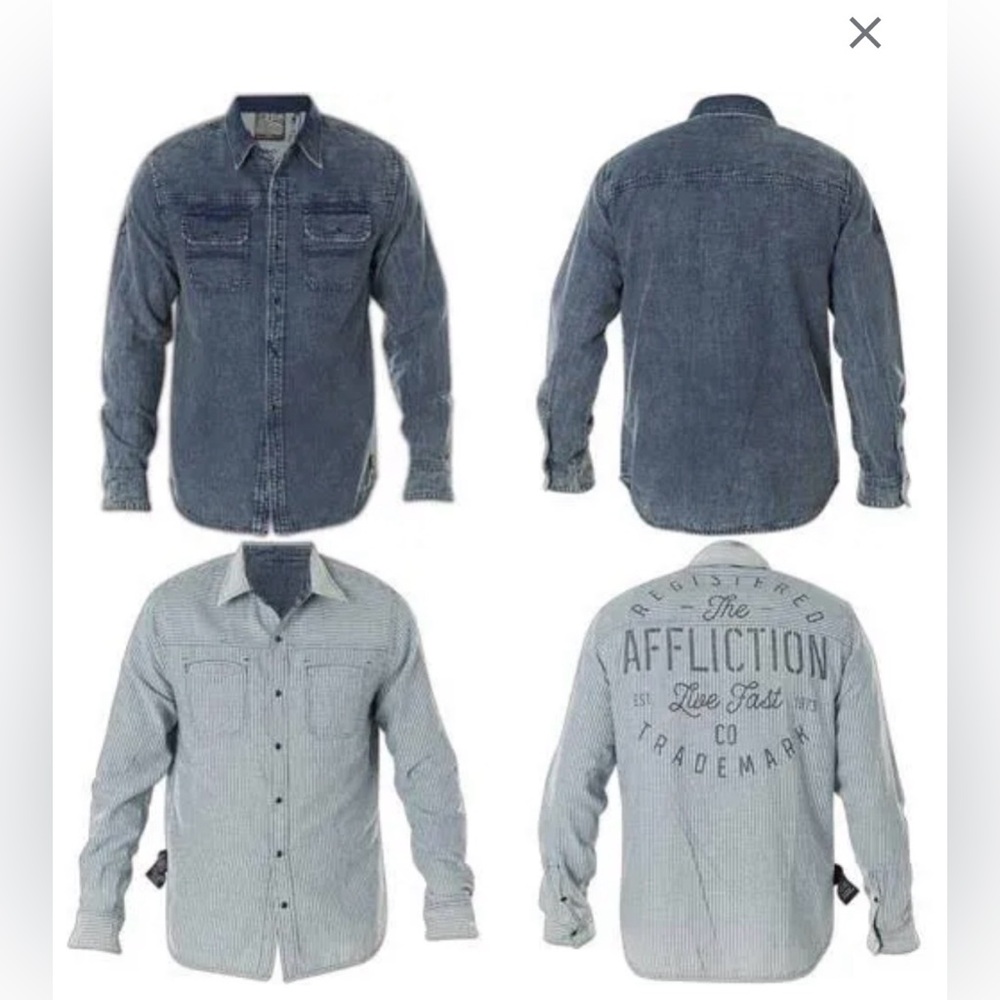 Affliction Reversible Dark Blue Denim Shirt with Graphic Back
Size Medium - Picture 1 of 12